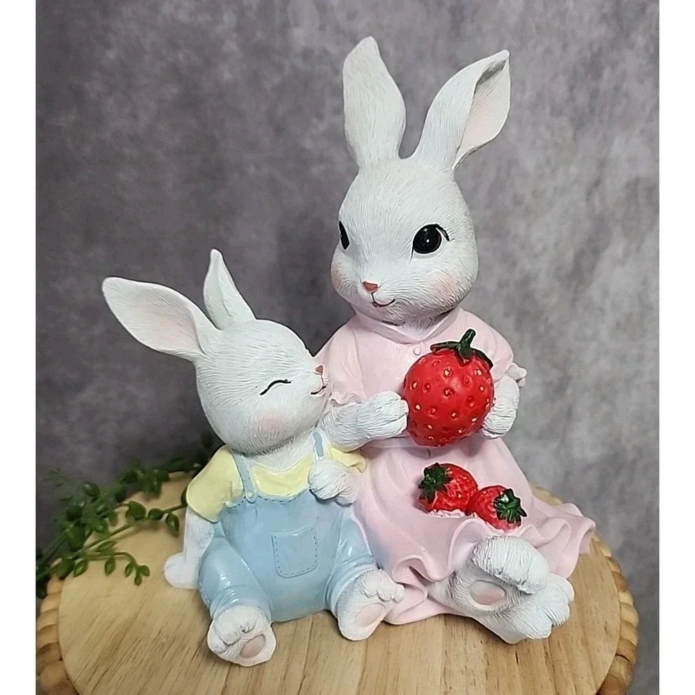 Easter Bunny Rabbit Momma and Baby Bunny With Strawberries Figure Figurine Resin